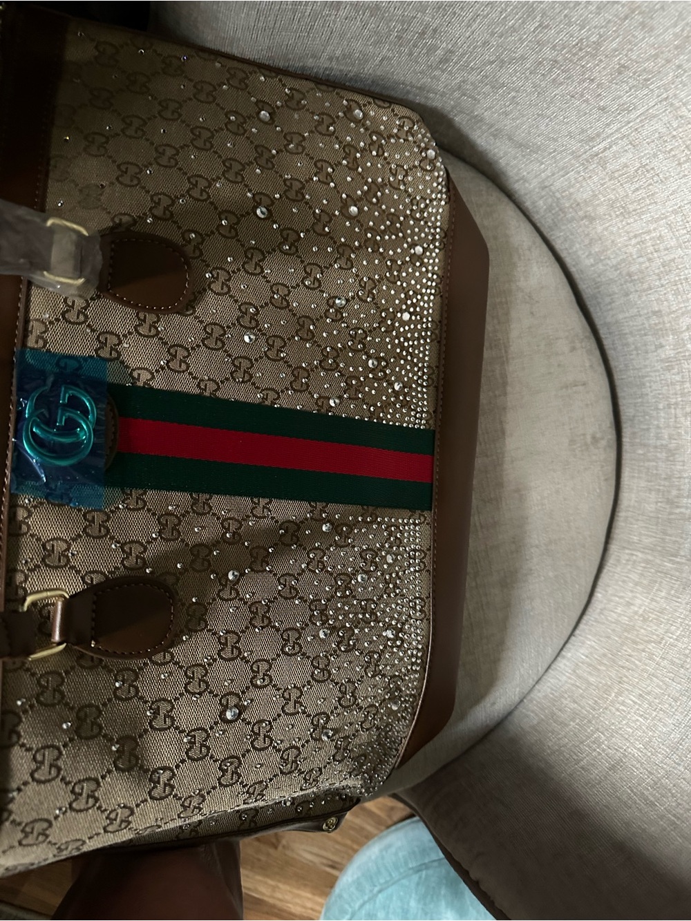 Brown Bling GG Canvas Tote with Signature Web Stripe - Picture 2 of 11